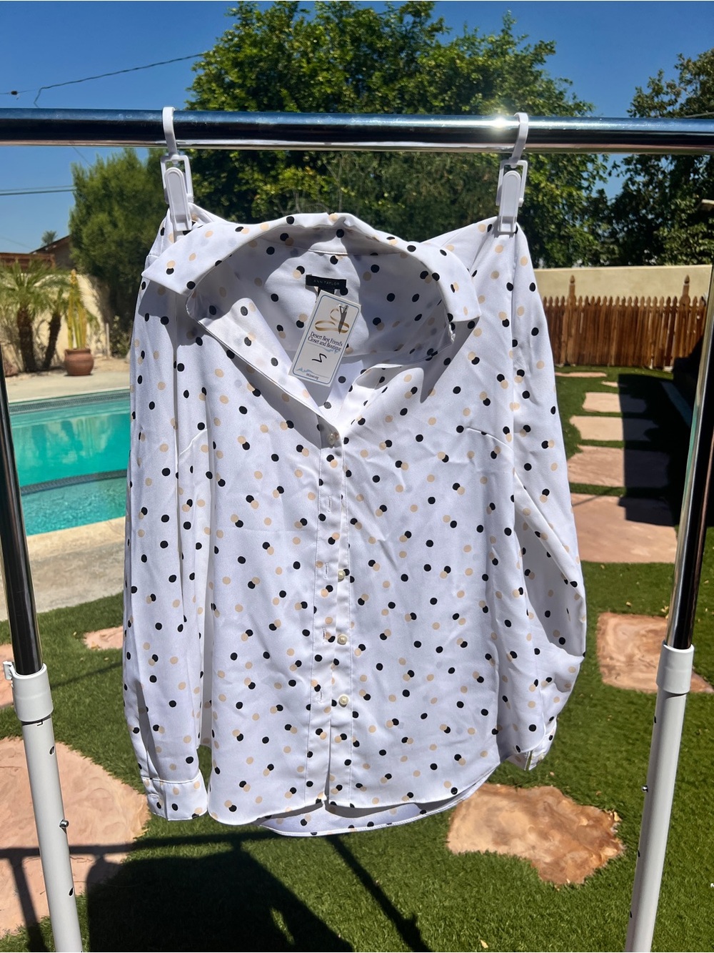 Ann Taylor White Button-Down Shirt with Black and Gold Polka Dots